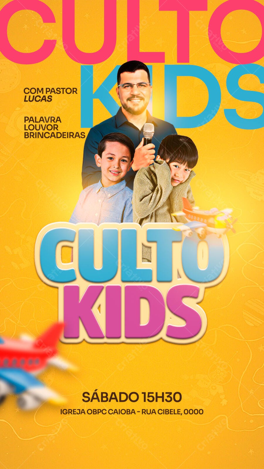 Flyer Culto Kids com Pastor Lucas e Crianças PSD Editável