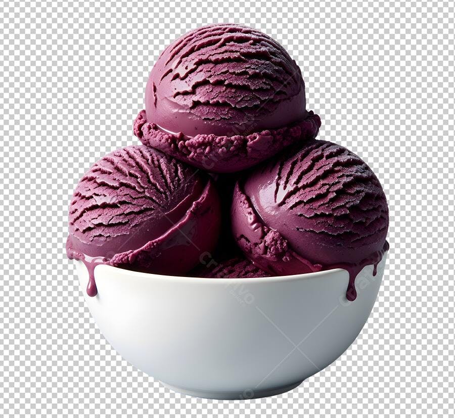 Sorvete de Frutas Roxas Cremoso em Tigela Branca PNG com fundo transparente