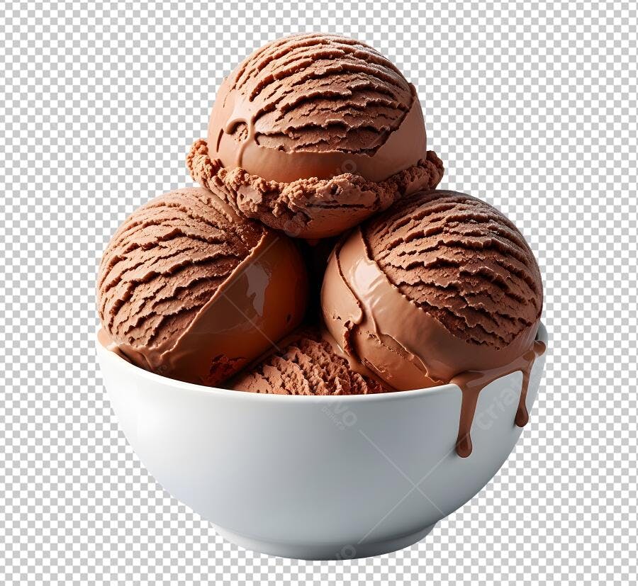 Ilustração Sorvete de Chocolate Calda Marrom em Tigela Branca PNG com fundo transparente