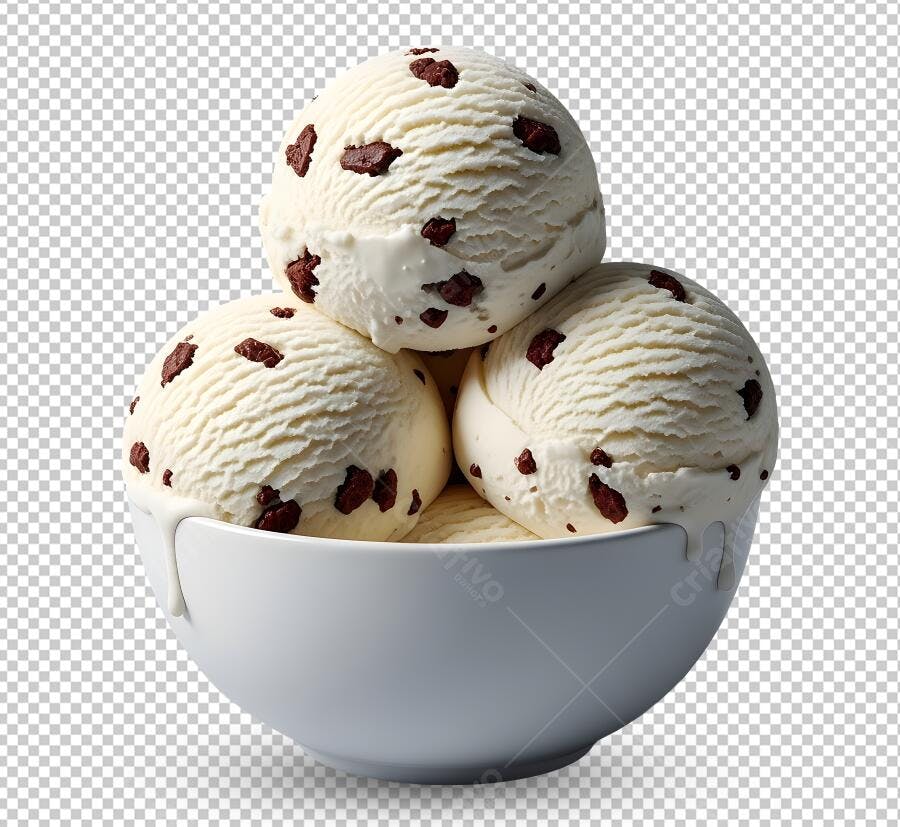 Imagem de Produto Sorvete Baunilha Gotas Chocolate em Tigela Branca PNG com fundo transparente