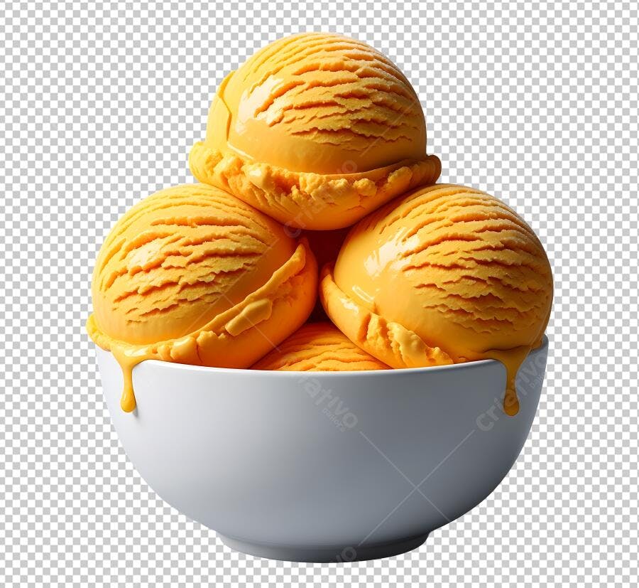 Ilustração Bolas de Sorvete Amarelo Manga em Tigela Branca PNG com fundo transparente