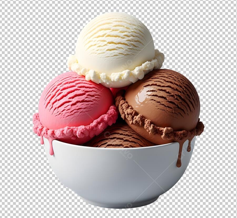 Ilustração Sorvete de Baunilha Morango Chocolate em Tigela Branca PNG com fundo transparente
