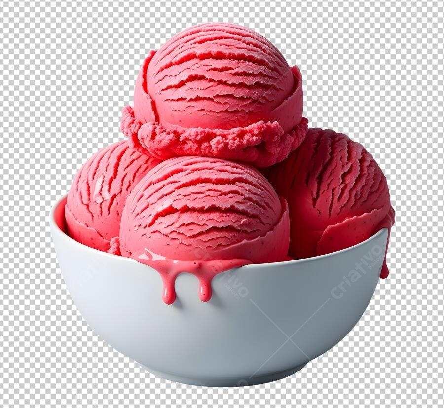 Foto de Sorvete Rosa na Tigela Branca Derretendo PNG com fundo transparente
