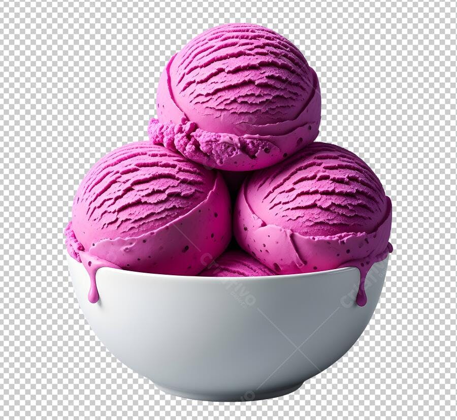 Imagem 3 Bolas Sorvete Rosa Vibrante Tigela Branca PNG com fundo transparente