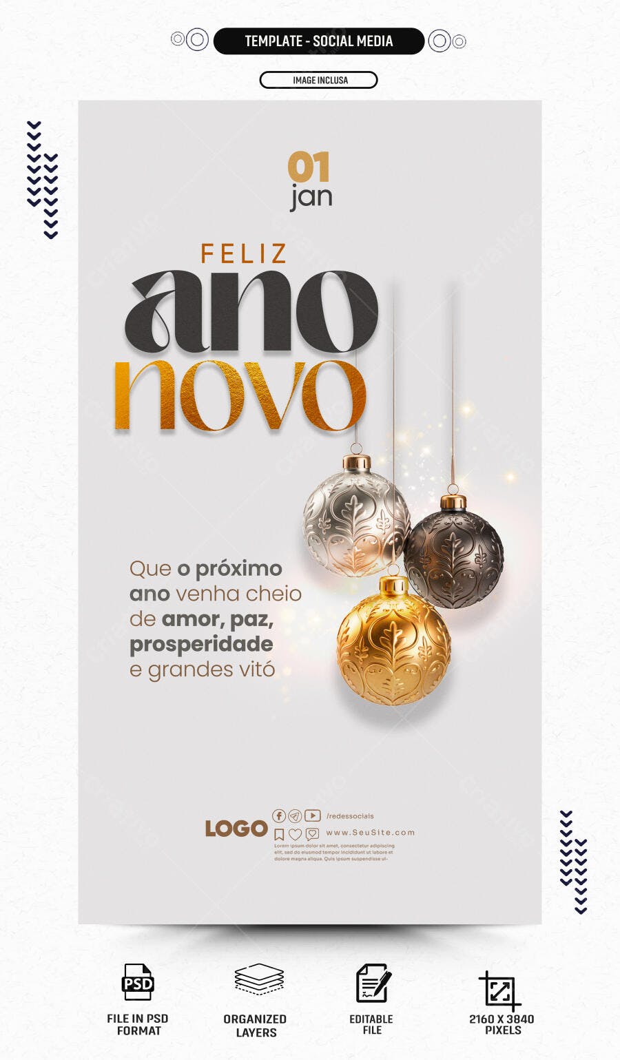 Post Vertical de Ano Novo com Enfeites Dourados PSD Editável
