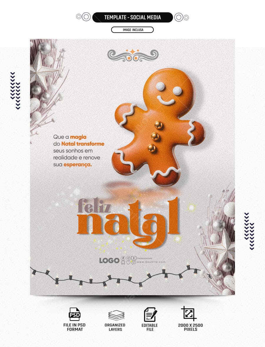 Flyer de Natal com Biscoito Gingerbread Feliz Natal PSD Editável