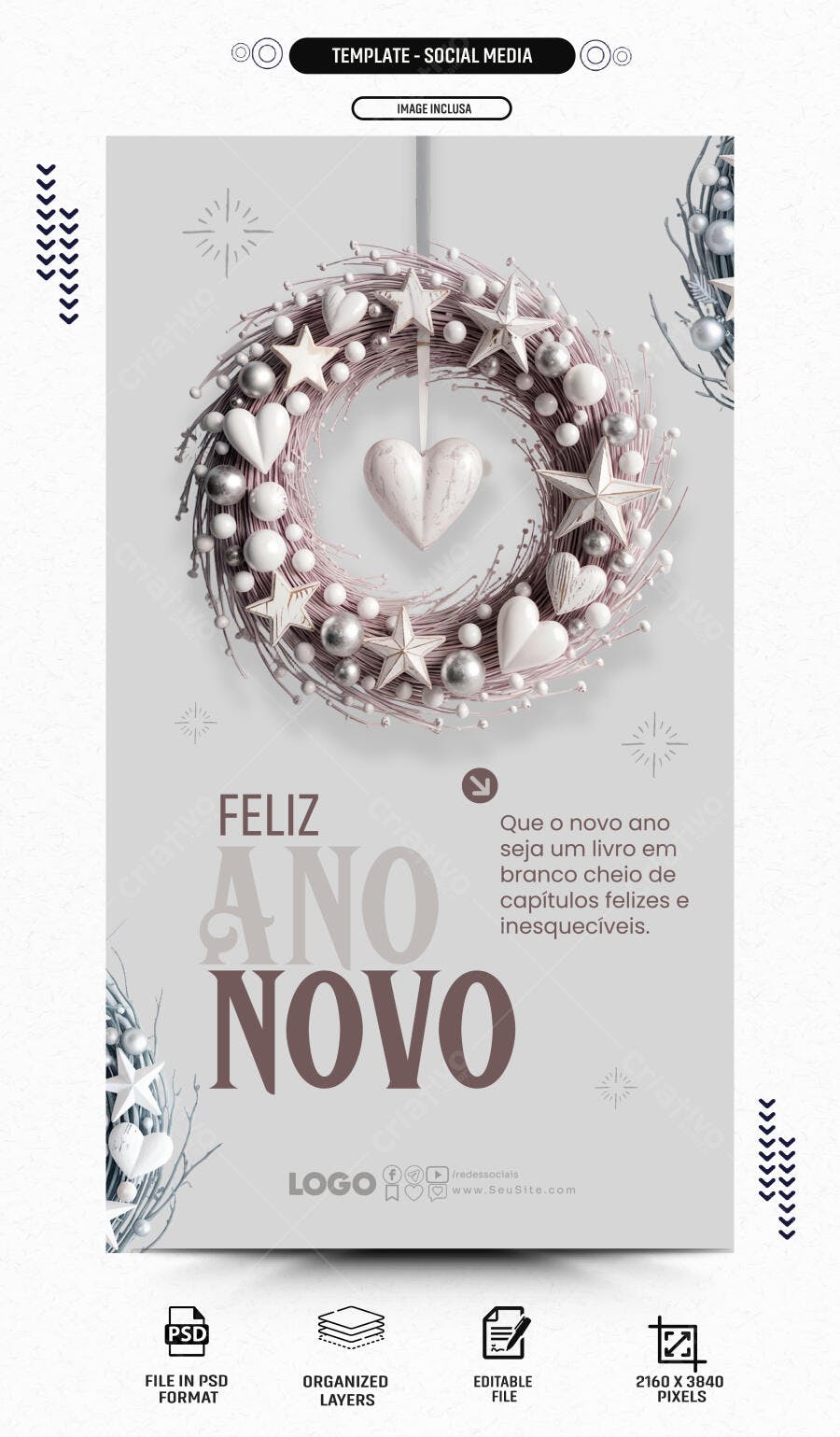 Story Instagram Feliz Ano Novo com Guirlanda Delicada PSD Editável