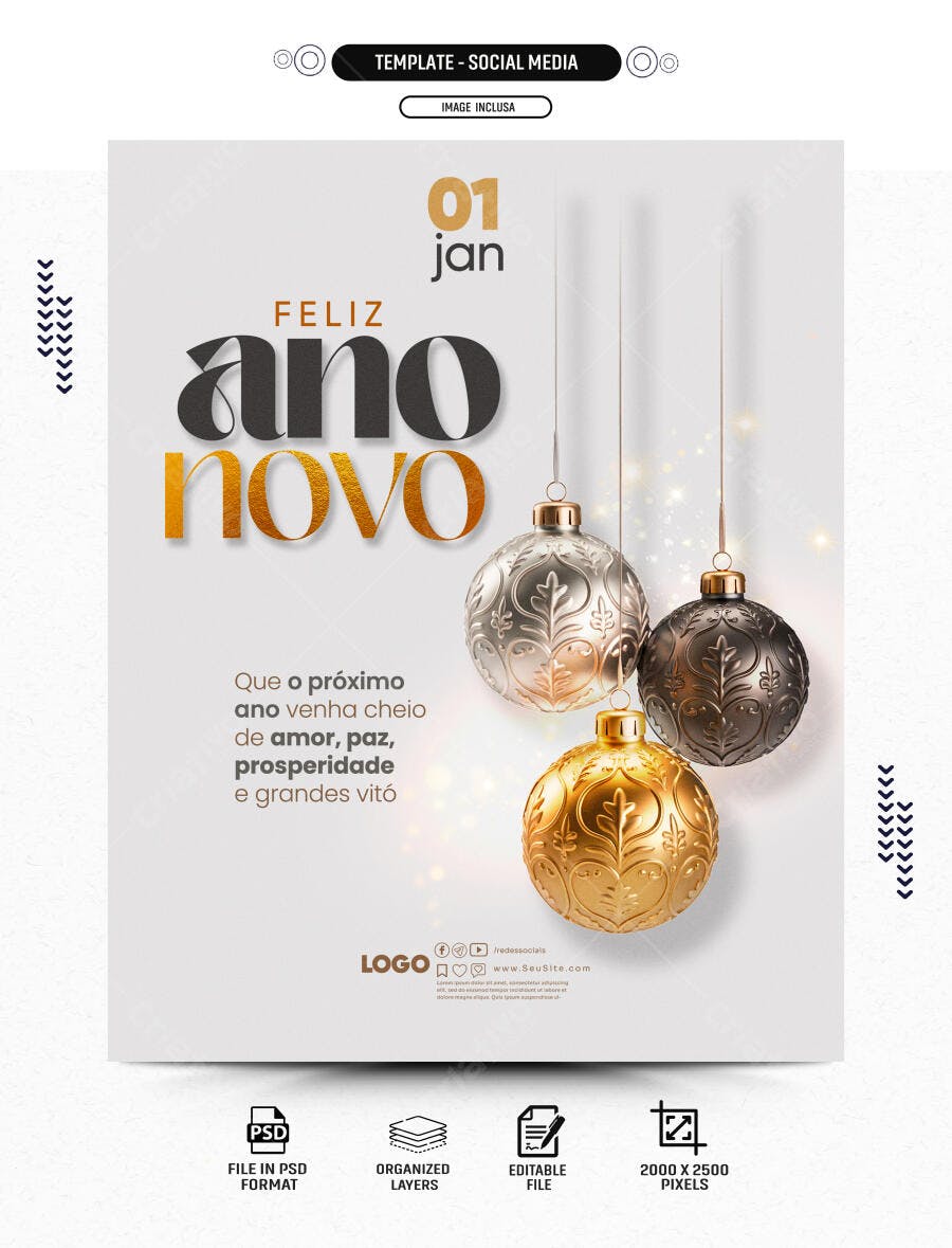 Post para Redes Sociais Feliz Ano Novo Dourado e Prateado PSD Editável