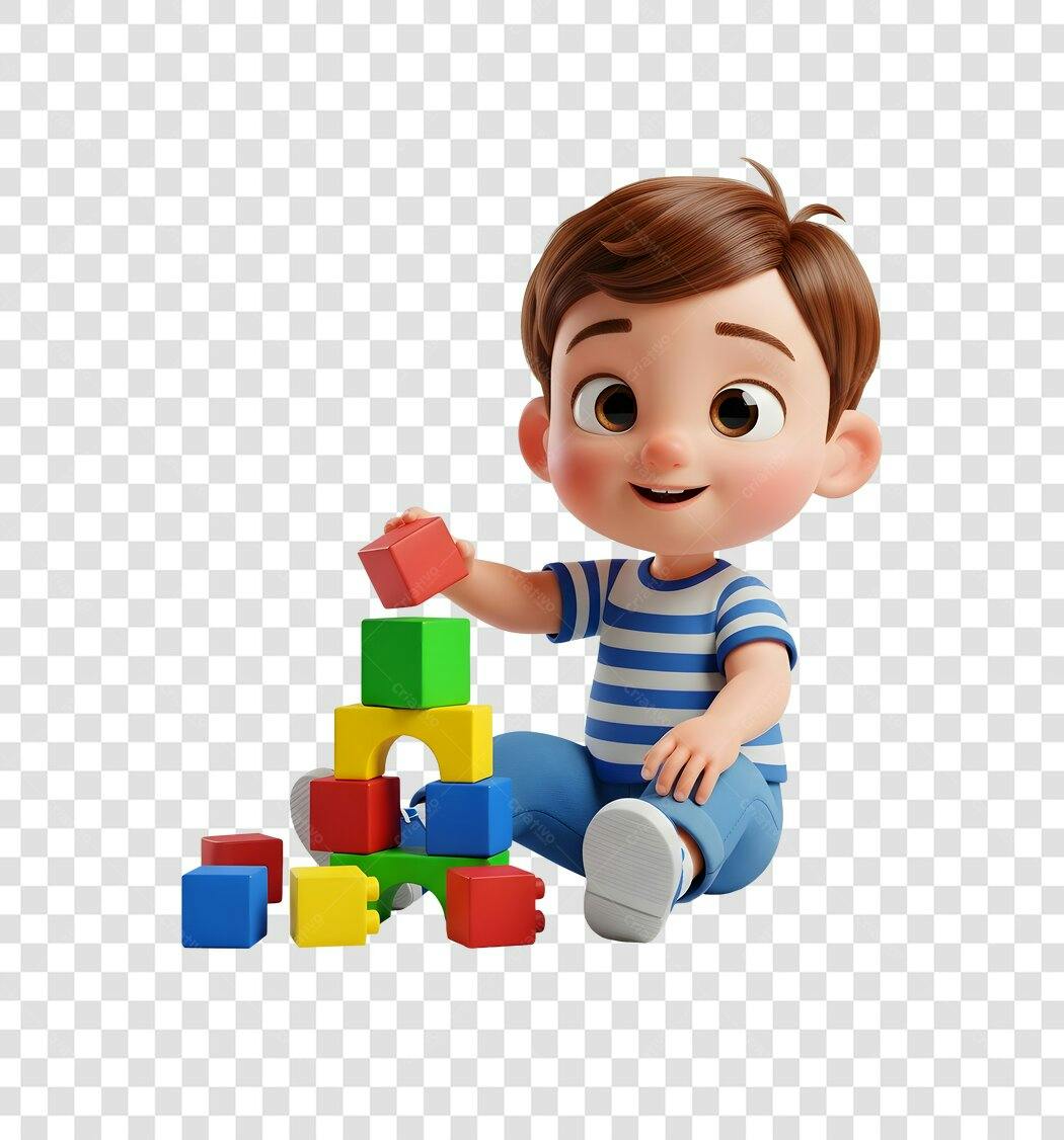 Criança 3D Menino Brincando com Blocos Coloridos PNG com fundo transparente