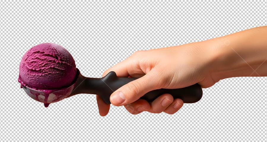 Elemento gráfico sorvete roxo amora na concha mão segurando verão PNG com fundo transparente