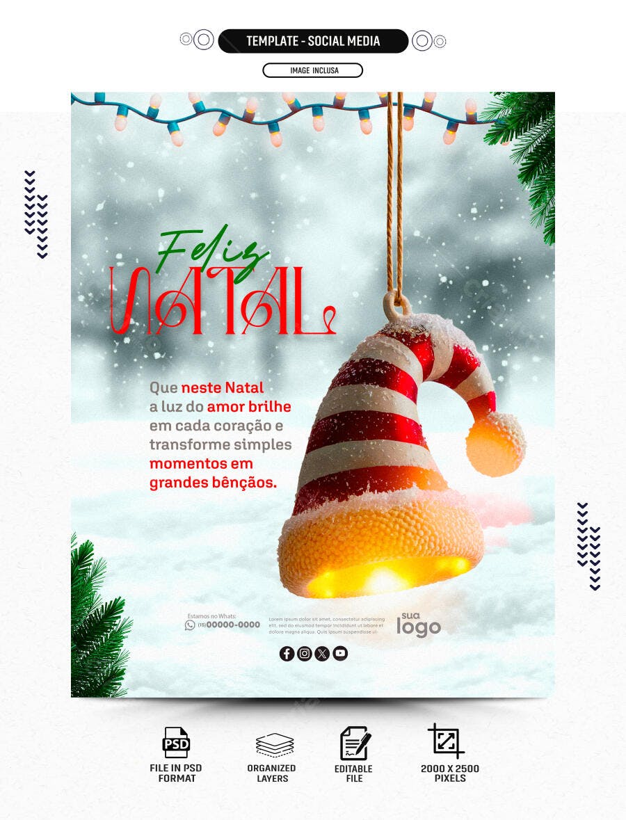Flyer Feliz Natal Gorro Iluminado Neve e Luzes PSD Editável