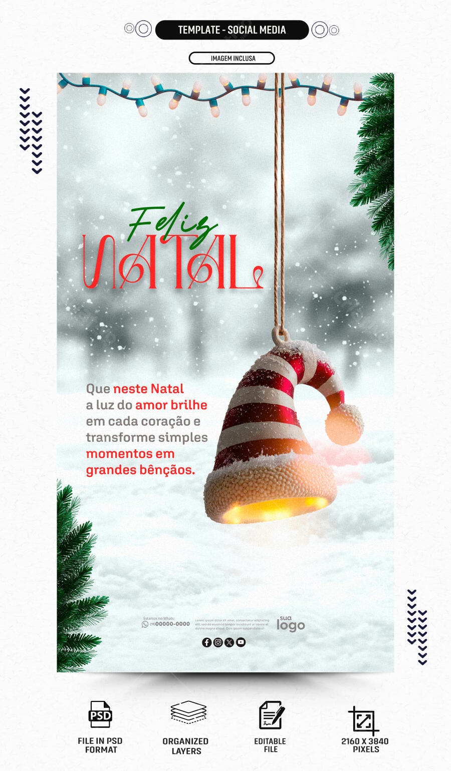 Flyer Feliz Natal com Neve e Luzes Vibrantes PSD Editável