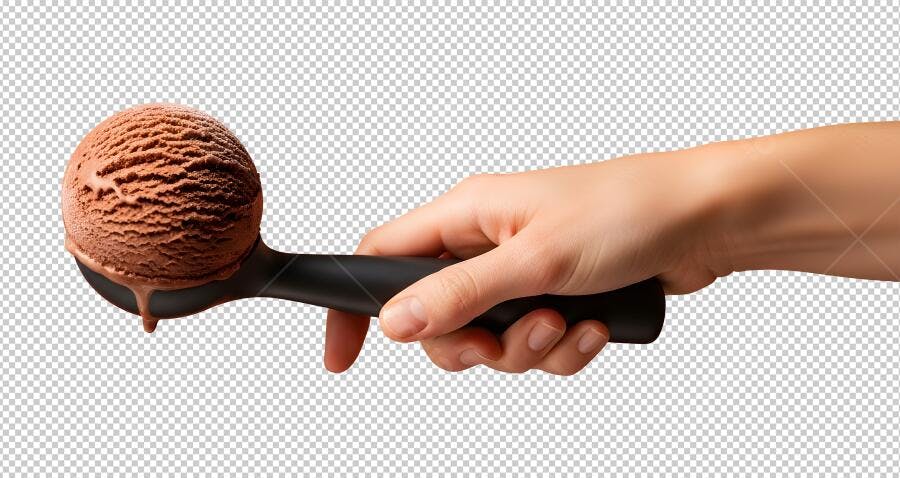 Imagem Sorvete de Chocolate Derretendo na Concha Mão Feminina PNG com fundo transparente
