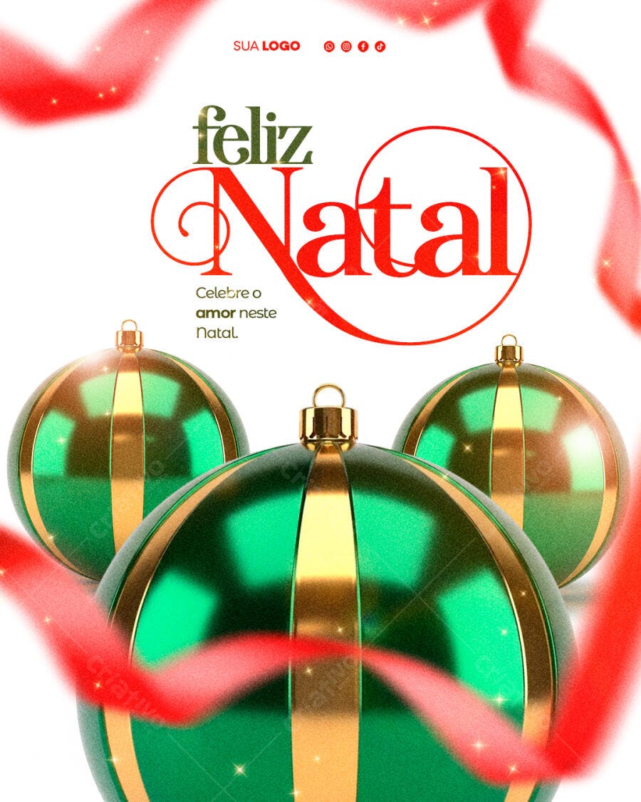 Flyer Feliz Natal com Bolas Natalinas Verdes PSD Editável