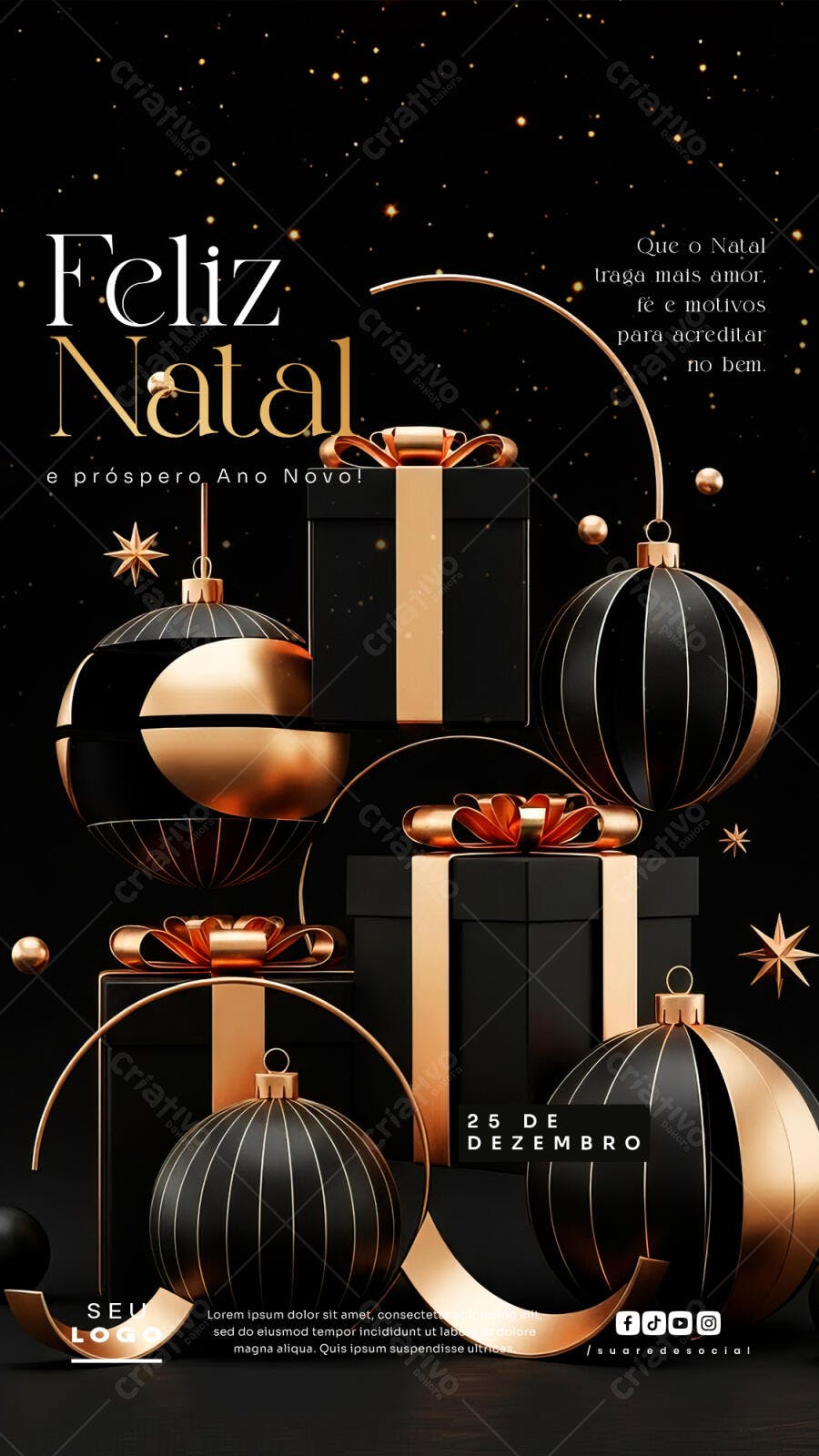 Post de Boas Festas Luxuoso Preto Dourado PSD Editável