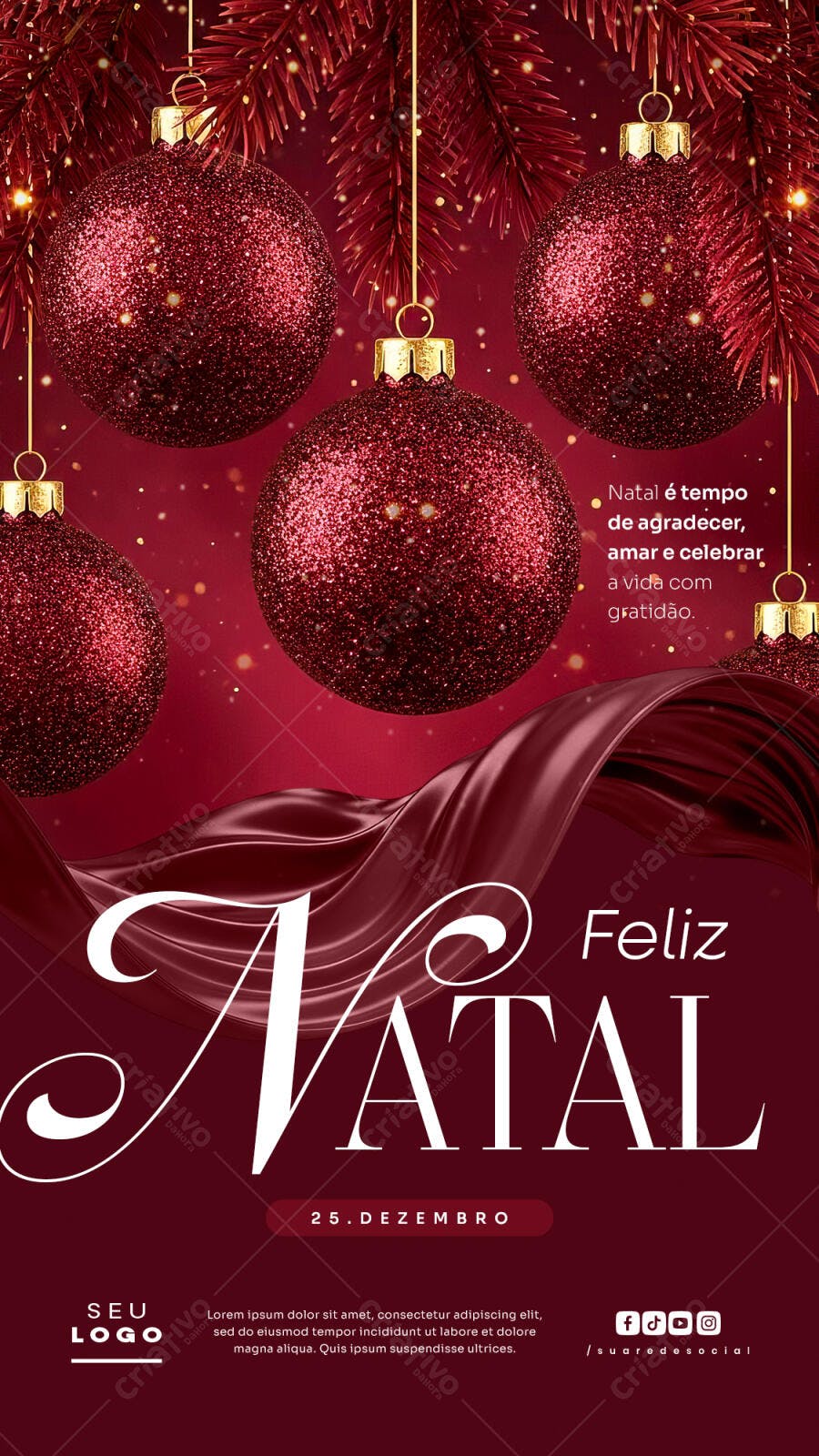 Post Redes Sociais para Feliz Natal com Bolas Vermelhas PSD Editável