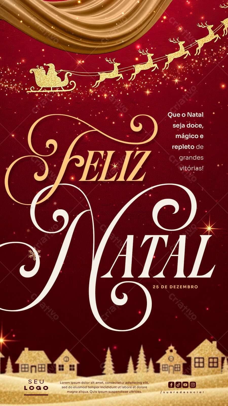 Flyer Feliz Natal com Papai Noel Dourado e Renas PSD Editável