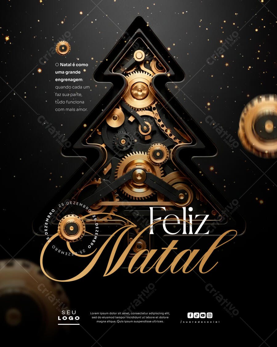 Flyer Feliz Natal Engrenagens Douradas PSD Editável