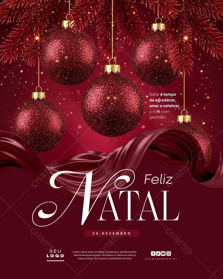 Flyer Festivo Feliz Natal com Ornamentos Vermelhos PSD Editável