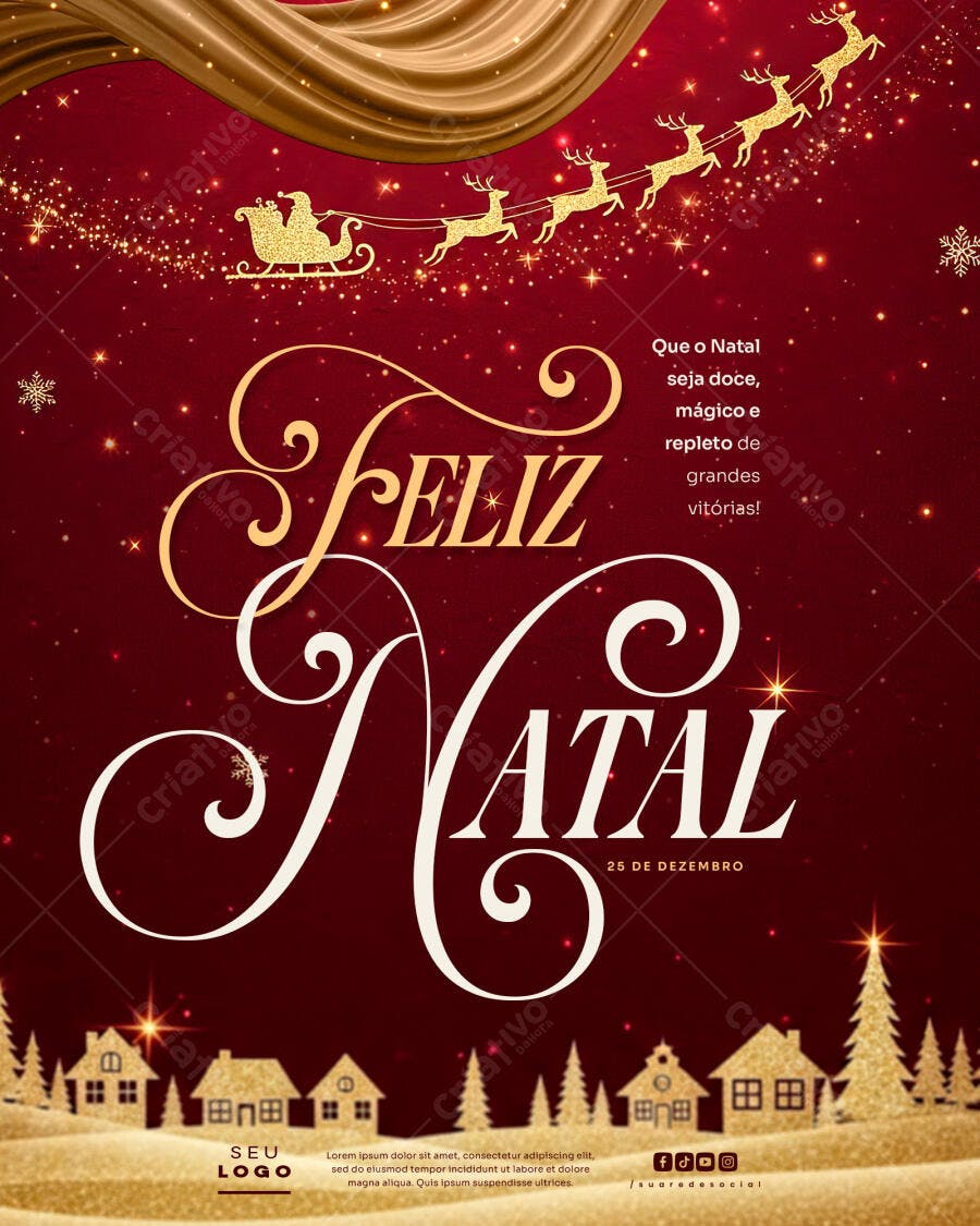Flyer Feliz Natal Dourado e Vermelho com Renas PSD Editável
