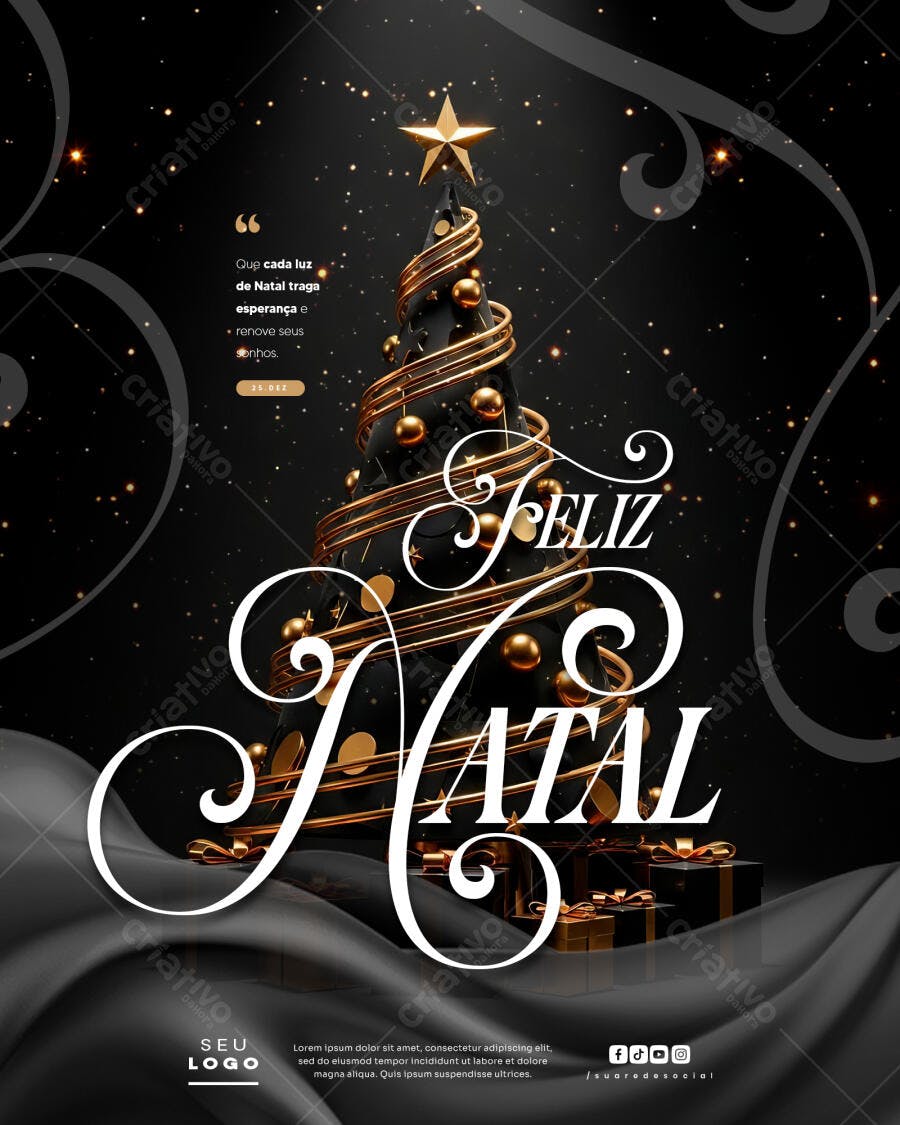 Post Redes Sociais Feliz Natal Luxo Dourado Árvore PSD Editável