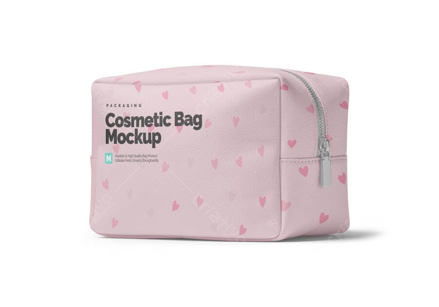 Mockup de Bolsa Cosmética Rosa com Corações e Zíper Prata Estilo Feminino