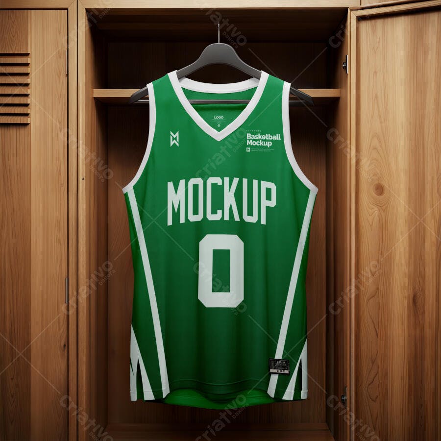 Mockup Realista de Camisa de Basquete Verde Esportiva em Vestiário Moderno
