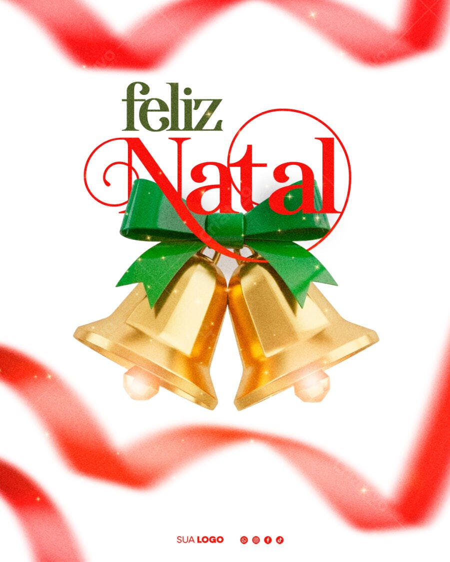 Flyer Feliz Natal com Sinos Dourados e Laços Verdes PSD Editável