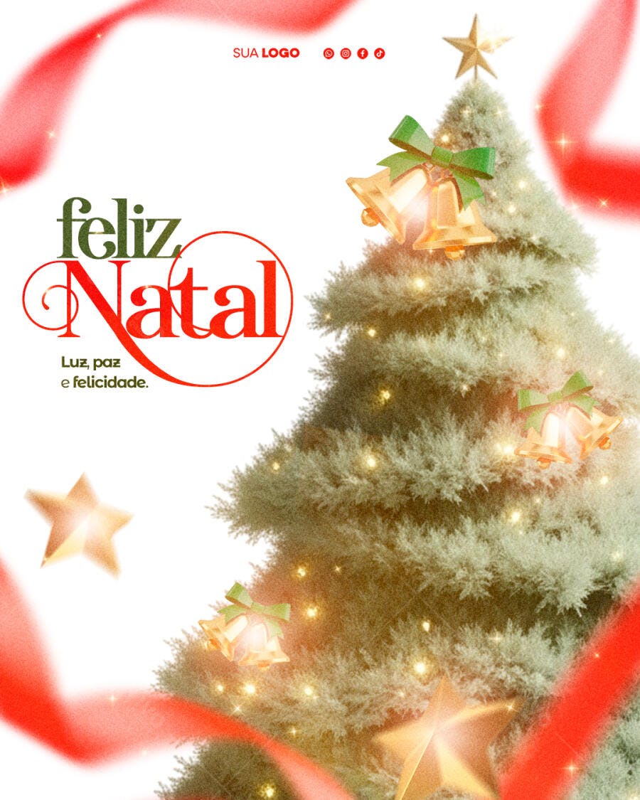 Flyer Feliz Natal com Árvore e Sinos Dourados PSD Editável