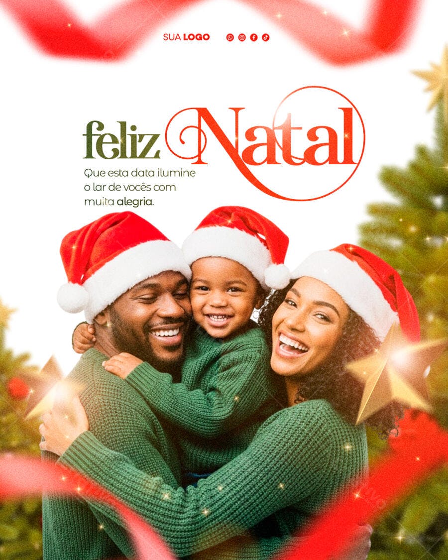 Flyer Natalino Família Negra com Gorros Vermelhos PSD Editável