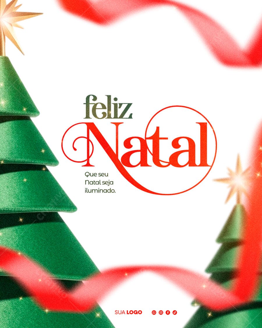 Flyer Feliz Natal com Árvores e Laço Vermelho PSD Editável