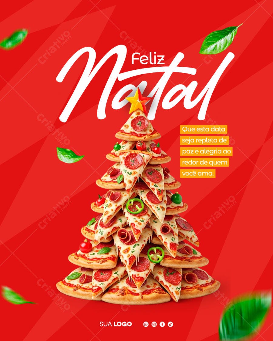 Flyer Feliz Natal com Árvore de Pizza PSD Editável