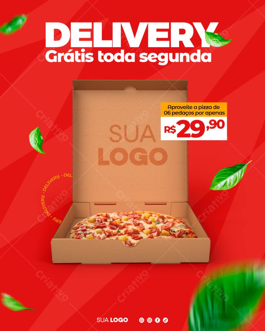 Flyer para Promoção de Pizza Delivery Grátis na Segunda PSD Editável