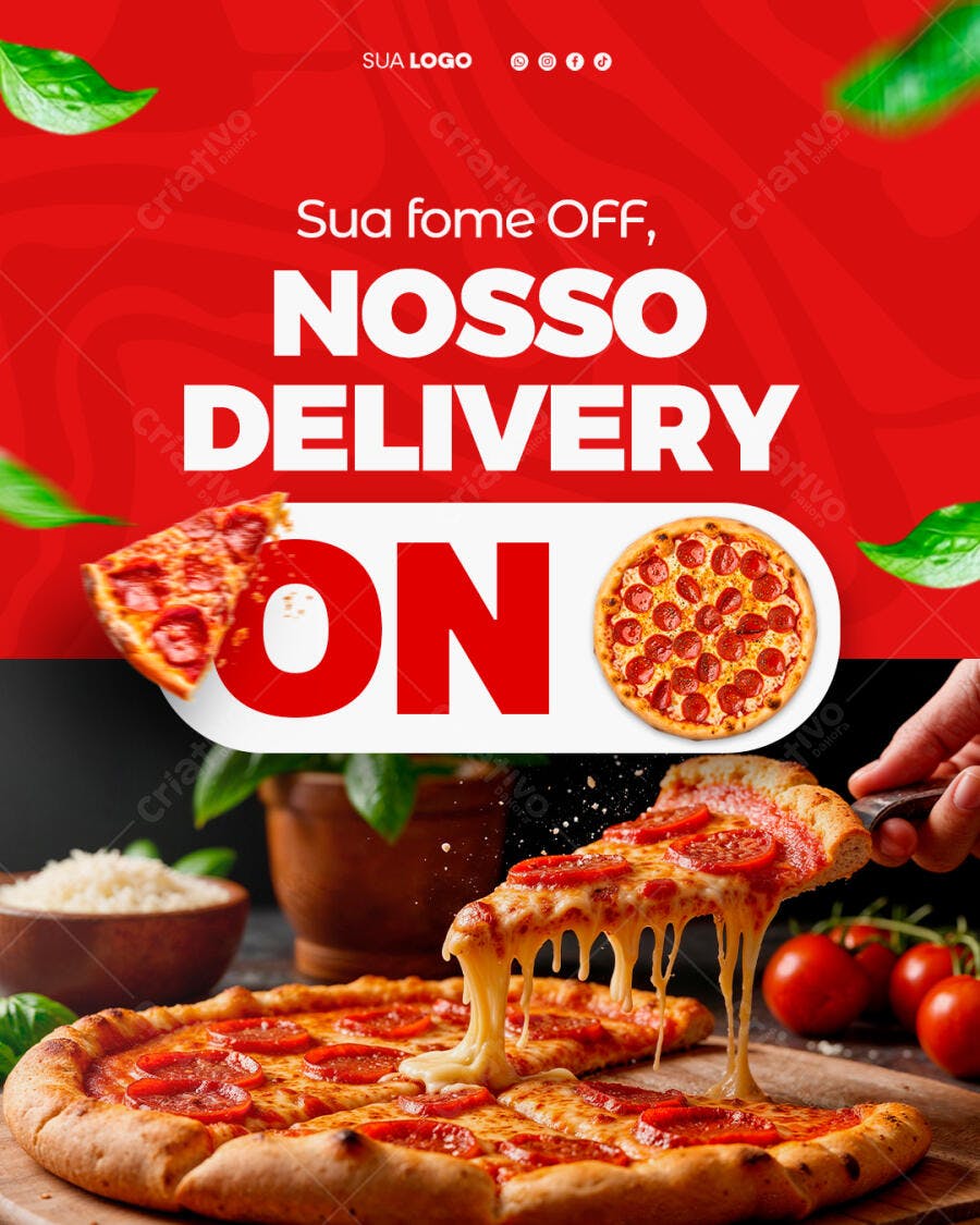 Flyer Pizza Delivery Sua Fome OFF NOSSO DELIVERY ON PSD Editável