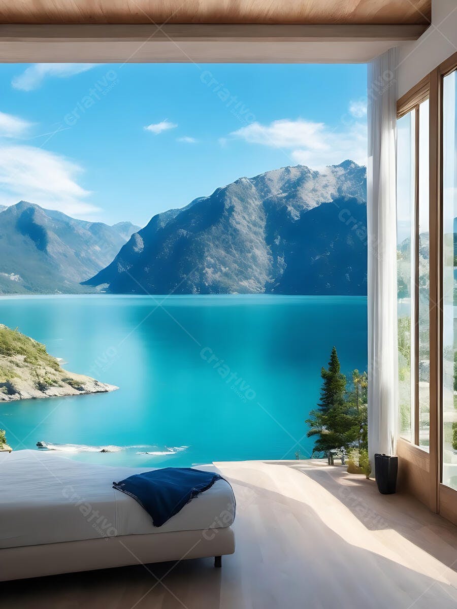 Quarto moderno com vista panorâmica para lago azul vibrante e montanhas imponentes