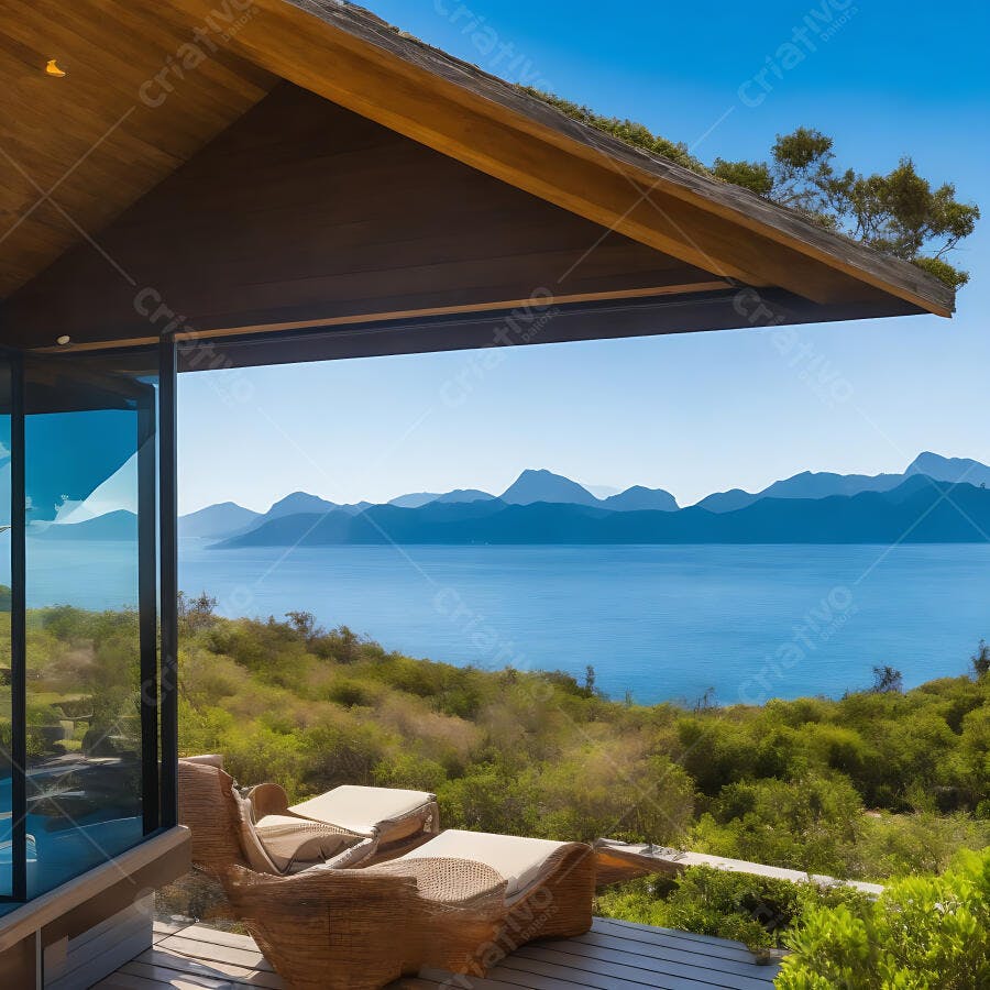 Vista panorâmica da varanda de luxo com mar e montanhas sob céu azul claro