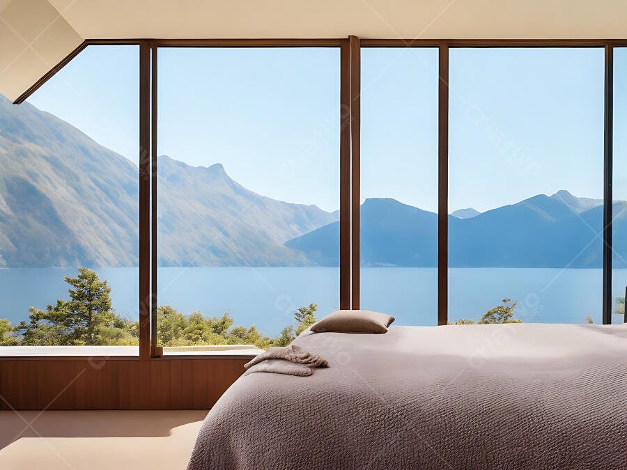 Quarto moderno com vista panorâmica para lago sereno e montanhas azuis claras