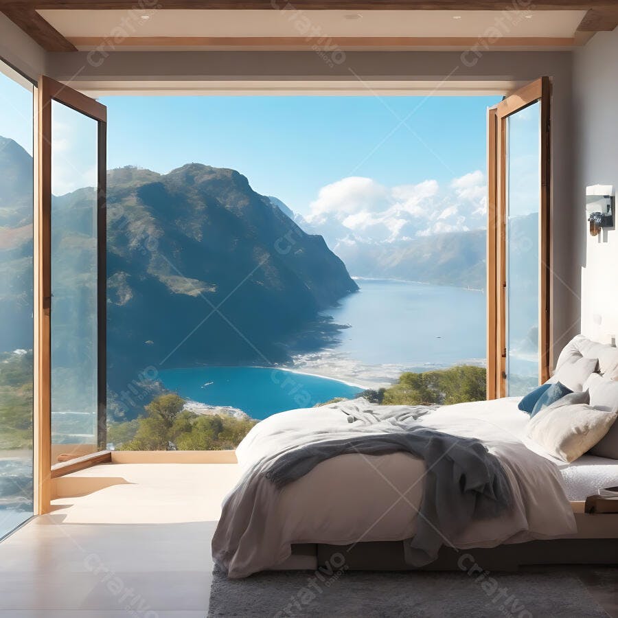 Quarto branco minimalista com janelas abertas para lago azul e montanhas verdes