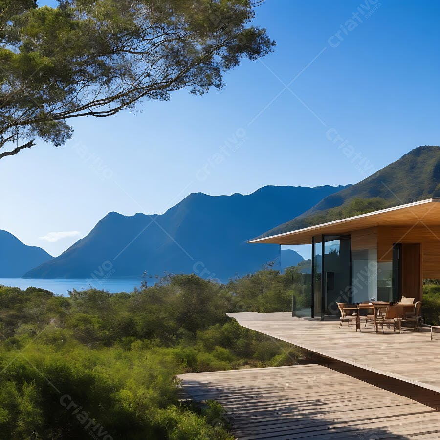 Casa moderna com deck de madeira e vista panorâmica para lago e montanhas sob céu azul