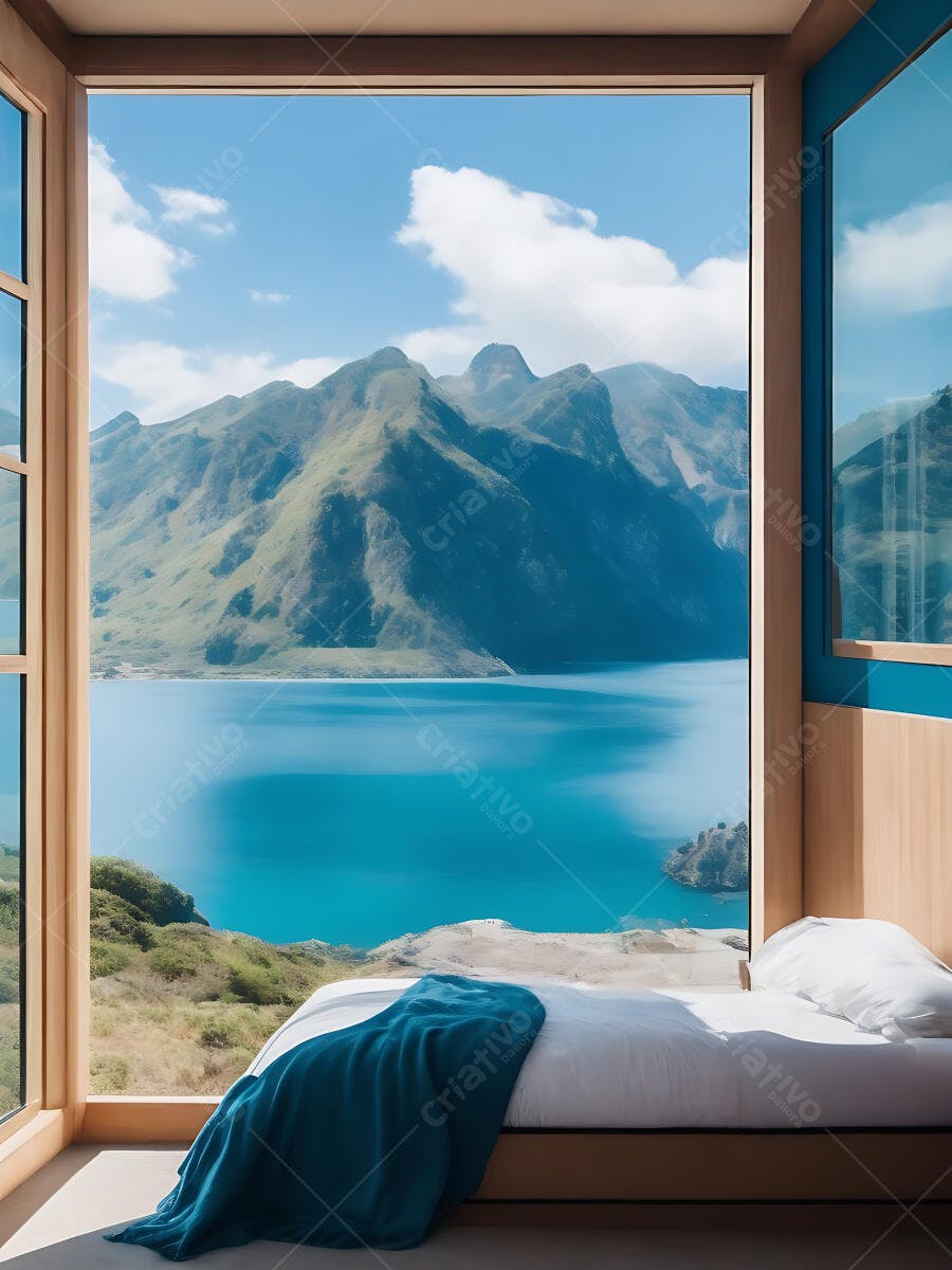 Quarto com vista panorâmica para lago azul e montanhas verdes