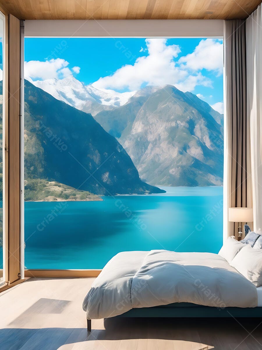 Quarto moderno com cama branca e vista panorâmica para montanhas e lago azul