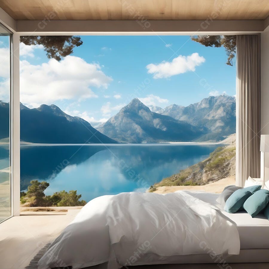 Quarto moderno com vista panorâmica para lago e majestosas montanhas