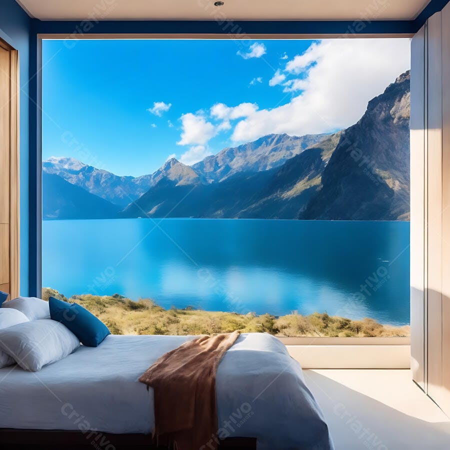 Quarto moderno com vista deslumbrante para lago azul e montanhas