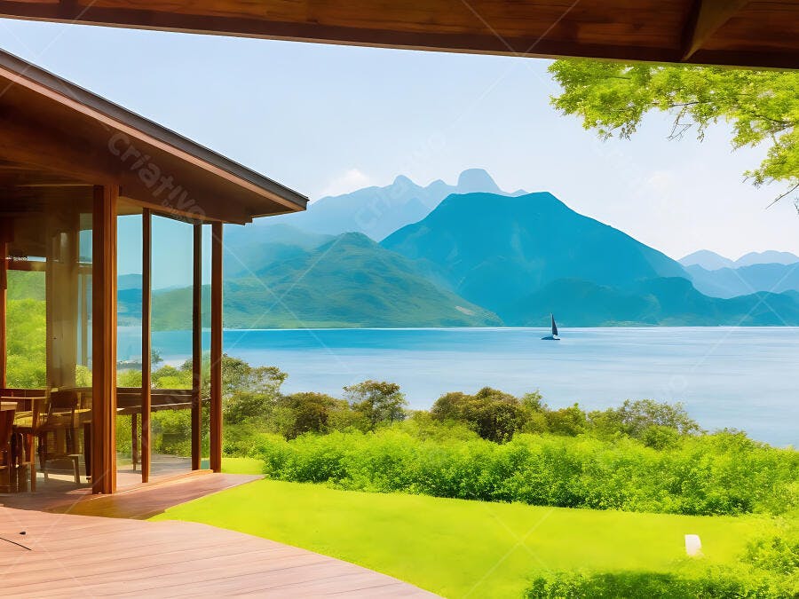 Casa moderna com vista para lago e montanhas um veleiro no horizonte