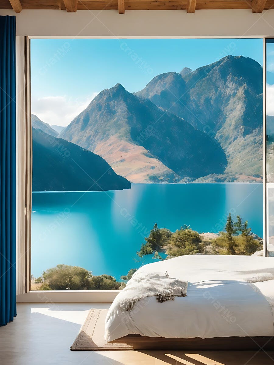 Quarto moderno com vista panorâmica para lago azul e montanhas verdes claras