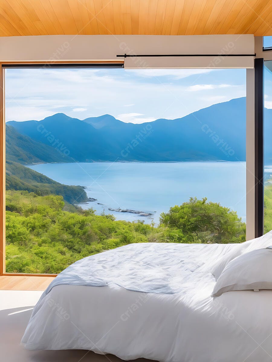 Quarto moderno com cama branca e vista panorâmica para lago e montanhas