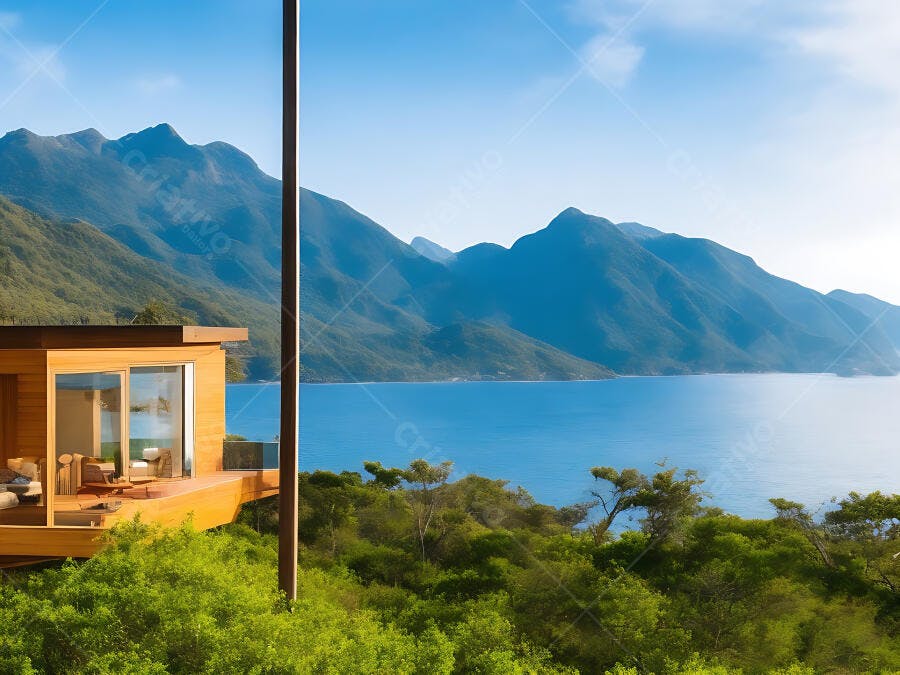 Casa de luxo moderna com vista para montanhas e mar azul