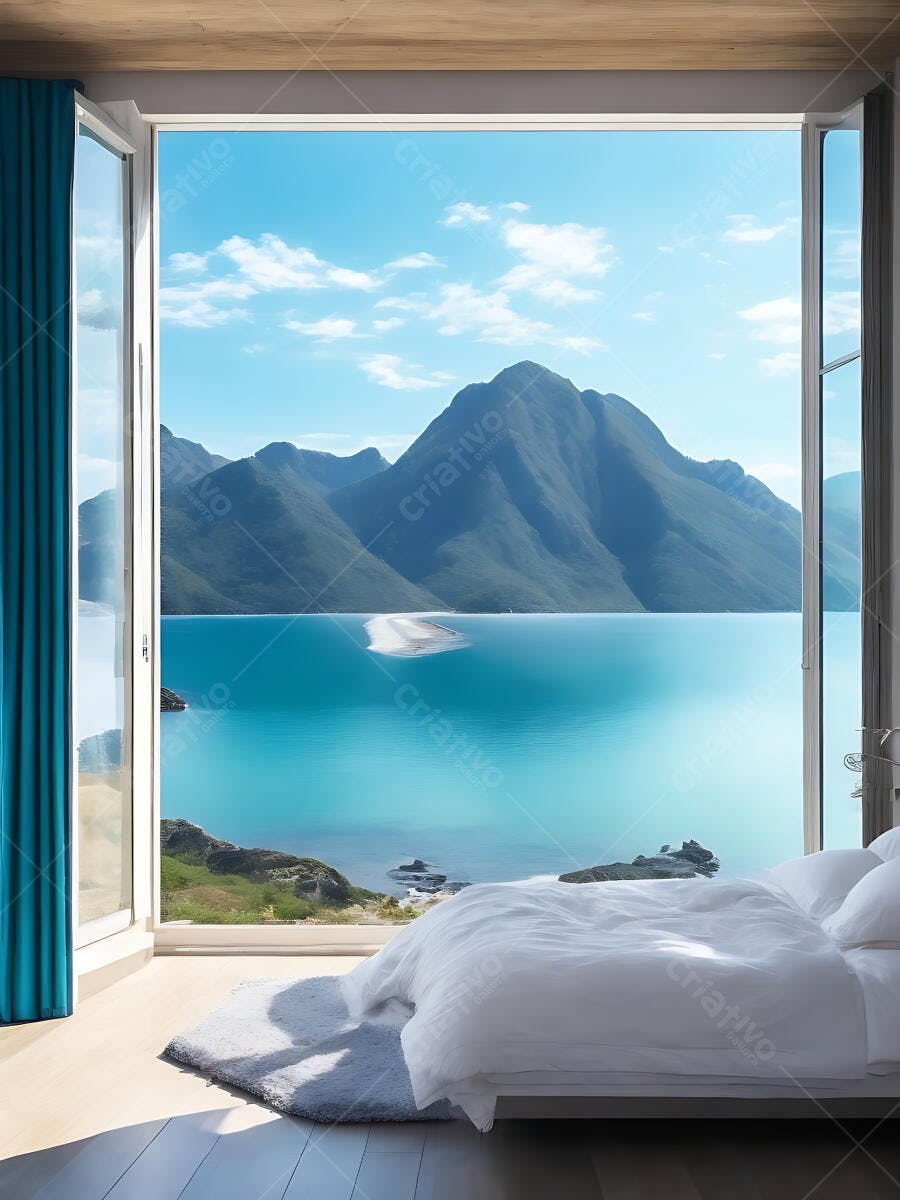 Quarto com vista para lago turquesa e montanhas através de janela aberta cama branca