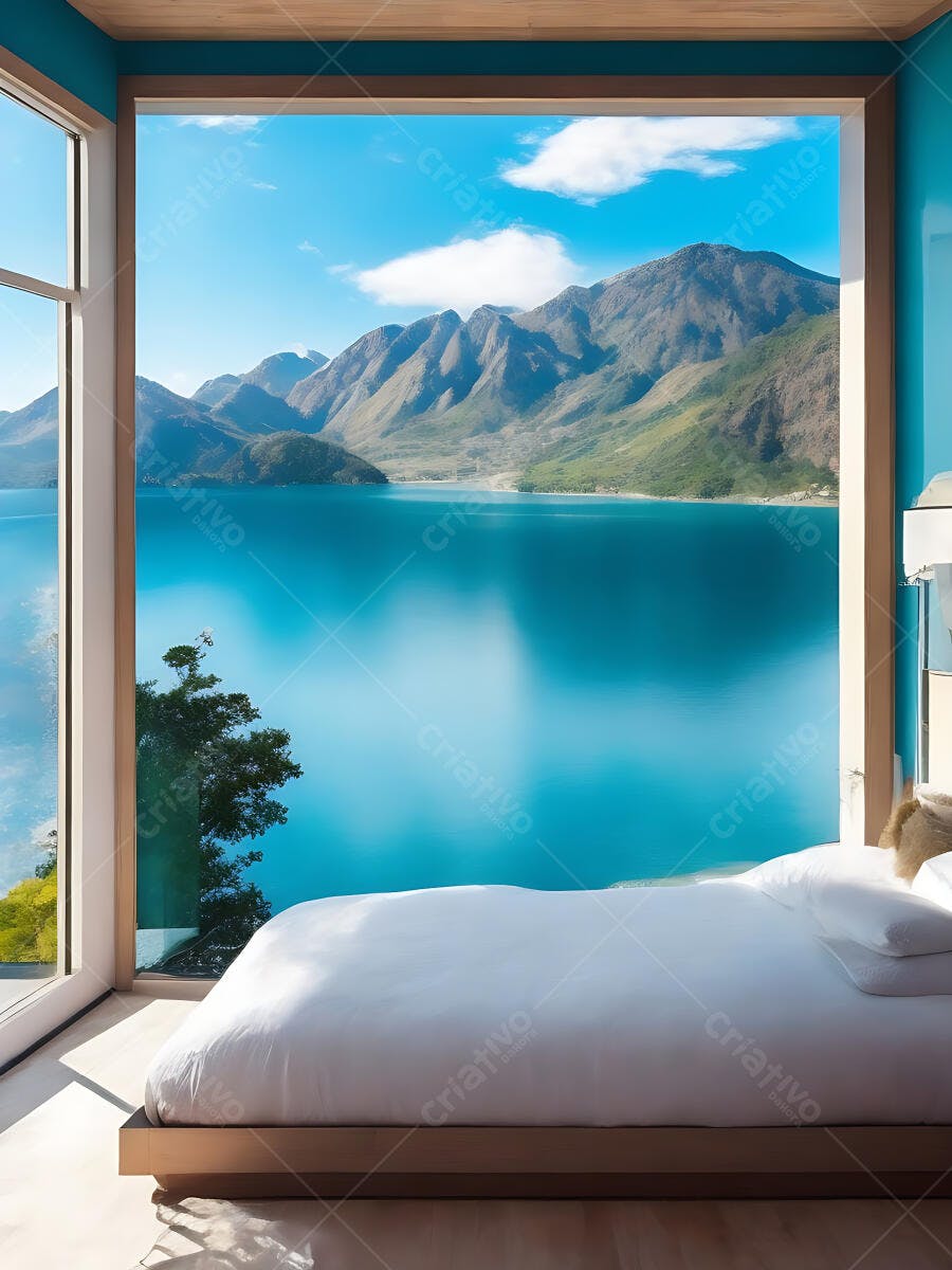Quarto moderno com vista panorâmica para lago azul e montanhas verdes