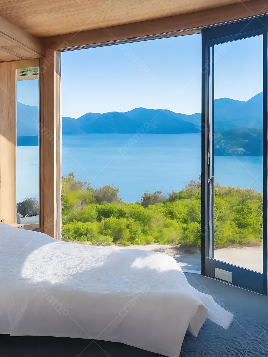 Quarto moderno com cama branca e vista panorâmica para lago e montanhas